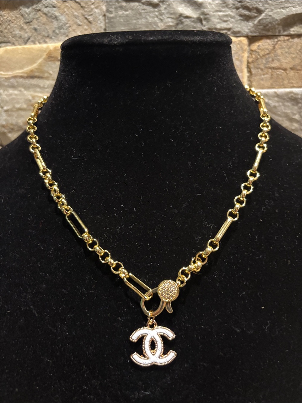 Gold Chain Necklace with White Enamel CC Pendant